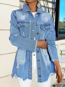 Women's Solid Color Minimalist Casual Distressed Denim Jacket - Light Wash - View 3