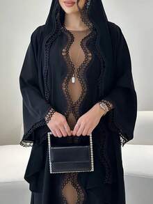 Women's Lace Trim Robe Set With Chiffon Scarf - Lightweight, Elegant, Breathable, Suitable For Spring/Summer, Black Elegant Party Dress