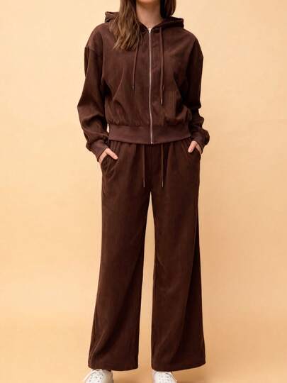 2pcs/Set Commuter Style Hooded Zip-Up Sweatshirt, Gift For Friends