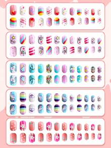 NAIO 120 pièces/set Autocollants d'ongles à presser style Baddie Y2K pour enfants, en matériau acrylique, pré-enduits de gel, couvrance intégrale, motifs pailletés et mignons incluant des éléments arc-en-ciel, licorne, cœur et étoile, autocollants d'ongles adhésifs courts, livré avec 3 pièces de gel de gelée et 3 pièces de lime à ongles, parfait pour les petites filles - thème licorne mignon. Fournitures pour ongles - Multicolore - Voir 2