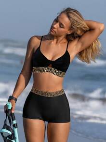 Swim SPRTY 女士性感比基尼套装，编织肩带设计，夏季海滩 - 黑色 - 查看 1