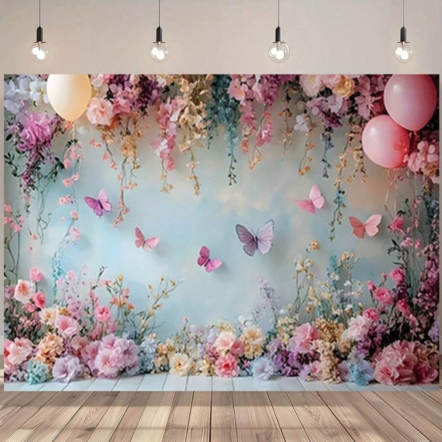 1 Pancarta decorativa de fiesta con rosa rosa, mariposa y flores - Decoración de tela de poliéster ligera, adecuada para cumpleaños, bodas, cafés y decoración del hogar. No se requiere energía, fácil de colgar en interiores o exteriores. Decoración de evento de estilo soñador, disponible en varios tamaños. - Multicolor - Ver 1