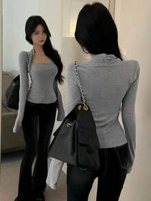 女士性感黑色长袖T恤，修身剪裁，时尚百搭，秋季必备 - 灰色 - 查看 5