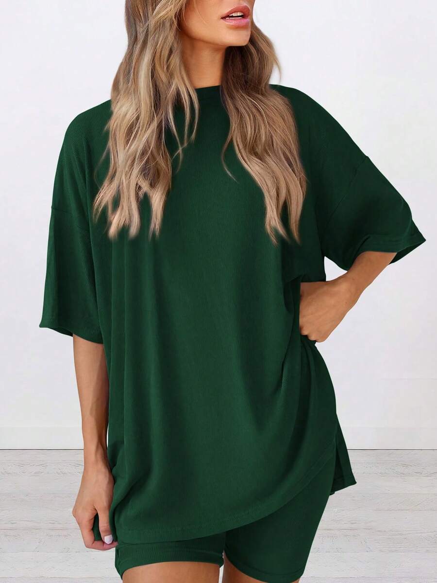Women's Summer Two-Piece Casual SetCasual Baggy Plus Size Top Cycling Shorts With Airport Travel Wear - Màu xanh lá cây đậm - Xem 1