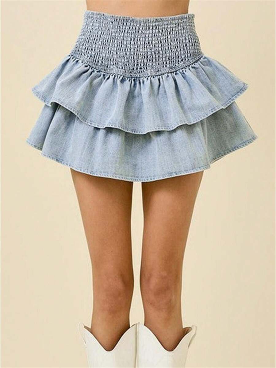 Women's Tiered Ruffled Denim Skirt Solid Color High Rise Mini A Line Jean Skirt Streetwear - 淺藍色 - 查看 1