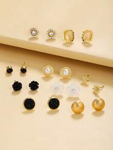 9pcs/Set Fashion Flower Leaf Butterfly Stud Earring Set For Girls Classical Heart Earrings Friendship Jewelry Gifts Party Graduation Gift - Multicolor - View 7