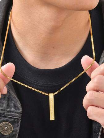 1ชิ้น สร้อยคอสแตนเลสสตีลลายกล่อง Ayyildiz Kursak เรขาคณิต สี่เหลี่ยม สีทอง สำหรับผู้ชาย ความยาว 60 ซม.