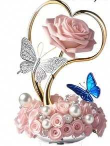 2D Piatto, Decorazione da scrivania a forma di cuore elegante con rose rosa romantiche e farfalle, con perline e rosa dorata, adatto come regalo per matrimonio, San Valentino, festa della mamma, decorazione per casa/ufficio/cucina, regalo di compleanno per donne, decorazione floreale, decorazione per la casa - A - Visualizzare 3