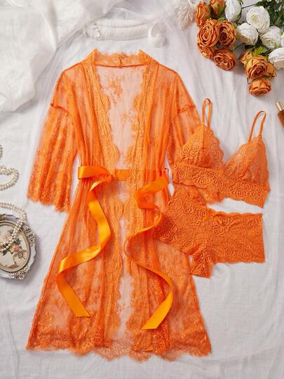 ROMWE Goth Deep V Lace Semi-Sheer Sexy Sleepwear Set, Fashionable & Alluring Design For Women