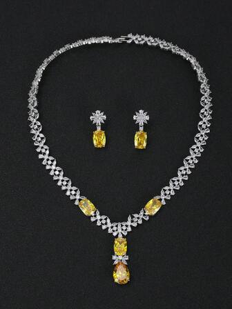 一套三件套奢华花卉锆石项链耳环套装，新娘婚礼订婚正式派对珠宝礼物（女士）