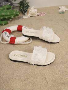 1 Pair Girls' Pink Lace Flower Sandals, Toddler Soft Bottom Anti-Slip Open Toe Slippers, Children Sweet Style Outdoor Sandals - White - View 5