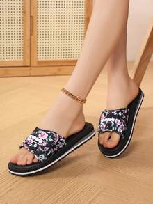 Women's Adjustable Strap Sandals, Outdoor Beach Slippers, Lightweight Flat Slide Sandals, Fashion Printed Slippers - Black - View 5