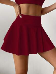 高腰白色网球裙裤，二合一防闪光高尔夫/羽毛球/健身短裙，带口袋，夏季运动裙裤，适合瑜伽、户外跑步，新款女装 - 酒紅色 - 查看 5