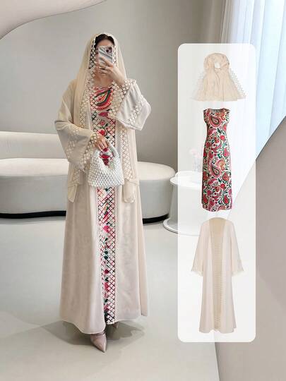 2pcs Women's Elegant Party Dress Set, Including 1 Lace Trim Robe, 1 Sleeveless Slip Dress, And 1 Headscarf