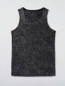 Men's Casual Washed Black Tank Top, Sporty Style, Suitable For Daily Wear, Vintage Fabric Texture, Great Gift For Boyfriend - Black - View 2