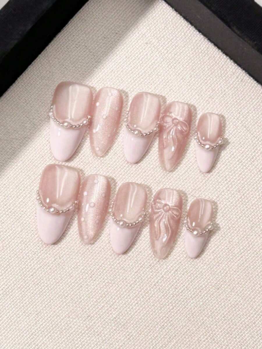 10PCS Medium-Long Almond Press On Nails - 2025 New Handmade Soft Pink French Manicure | Sparkly Glitter Cat Eye Effect With Delicate Pearl Chain & Bow Accents | Reusable Fake Nails In Gentle Sweet Style | FREE Jelly Glue & Nail File Included For Daily Wear, Dates & Parties - Baby Pink - View 1