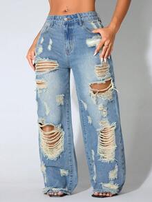 Low Waist Wide Leg Casual Blue Distressed Slant Pocket Curved Hem Women Jeans Spring - Baby Blue - View 3