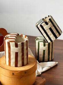 1pc Vertical Striped Ceramic Handled Coffee Mug, Asymmetric Shaped Ceramic Cup, Minimalist European Style, Handmade High Aesthetic Tea Cup, Coffee Mug, Multipurpose, Insulated, Suitable For Home, Restaurant, Cafe, Party And Gift - Multicolor - View 6