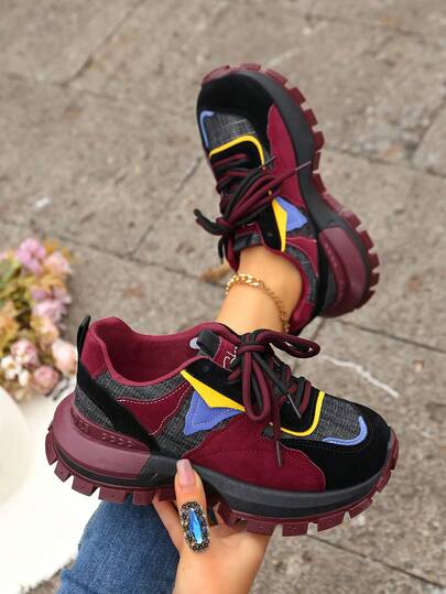 Girls' Fashion Casual Shoes, Color Block Chunky Sneakers, Versatile Thick Sole Shoes, New Arrival For All Seasons