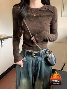 Double-Sided Velvet Tie Dye Pleated Base Layer Soft & Elegant Women's Long Sleeve Top, Winter 2025 - 250 Brown - View 6