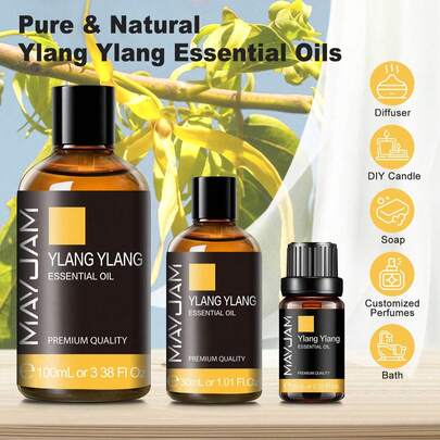 MAYJAM 1pc 10/30/100ml Ylang Ylang Essential Oils For Aromatherapy Diffusers Humidifier DIY Candle,Ylang Ylang Oils For Diffusers For Home Skin Care,Freshen Air,Repel Mosquitoes,Energy Boosting,Ideal For Home/Gatherings/Travel