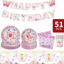 粉色蝴蝶主题生日快乐一次性餐盘、餐巾纸、杯子、桌布和横幅套装，8人份派对用品套装，适合生日、婚礼、主题派对、家庭野餐等场合。 - 彩色 - 查看 1