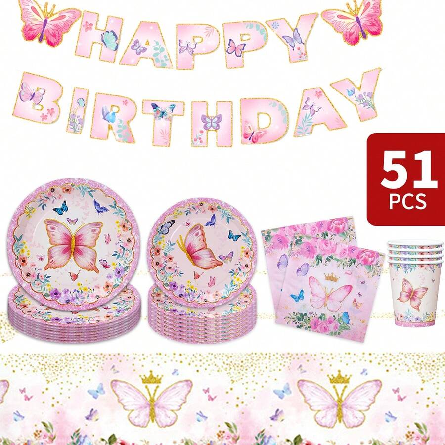 粉色蝴蝶主题生日快乐一次性餐盘、餐巾纸、杯子、桌布和横幅套装，8人份派对用品套装，适合生日、婚礼、主题派对、家庭野餐等场合。 - 彩色 - 查看 1