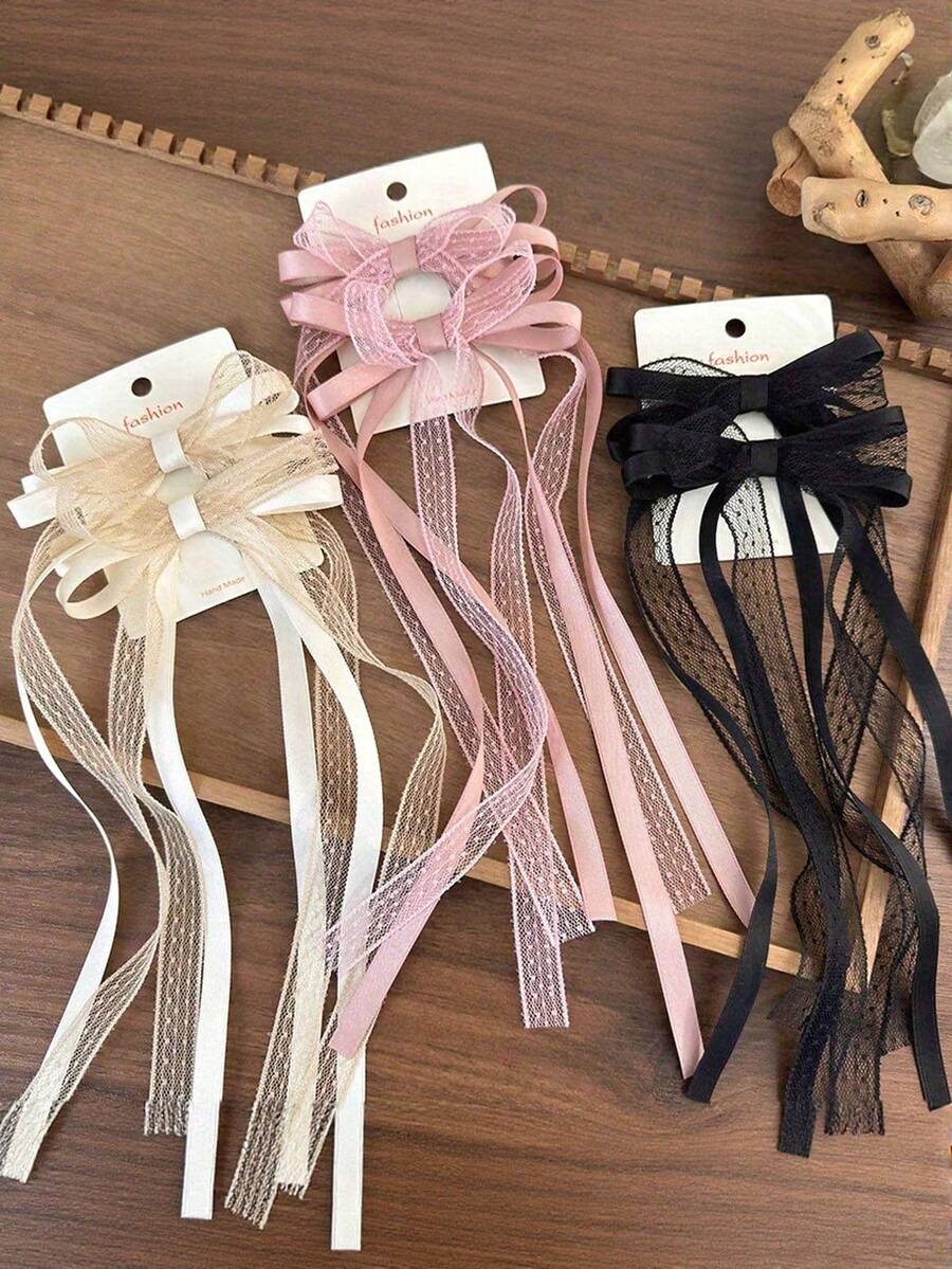 2pcs Cute Ballet Style Immortal Bow Hair Clips, Pink Lace Ribbon Hair Clips, Heart-Shaped Versatile Hair Accessories - Lace Butterfly Hair Clip - View 1
