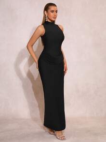 Vestido largo ajustado sin mangas con cuello alto, fruncido y abertura alta en blanco, adecuado para invitados de boda, damas de honor, fiestas de señoras, cenas formales, Navidad y otras ocasiones