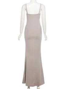 优雅银色亮片撞色网纱美人鱼长裙，吊带修身正式礼服，适合晚宴、舞会、婚礼宾客 - 灰色 - 查看 8