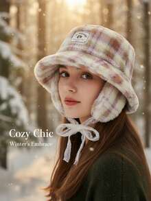 1顶手工蕾丝耳罩毛绒渔夫帽，女士款，适合外出、骑行、户外活动，系带渔夫帽，秋冬季女士冬装 - 彩色 - 查看 7