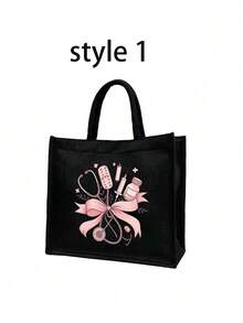 一套护士主题帆布手提袋和化妆包，休闲风格，布料材质，固定肩带，听诊器图案设计；一套护士主题黑色手提袋和化妆包，休闲风格，布料材质，印有听诊器、心脏、注射器、体温计、药丸图案，适合返校、度假旅行、户外活动。 - 彩色 - 查看 13