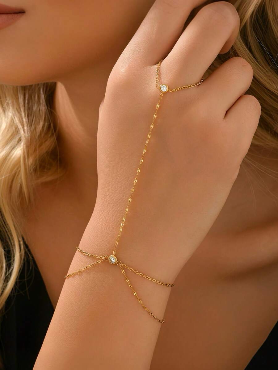 1pc Elegant Gold Tone Finger Chain Bracelet With Sparkling Diamonds, Stainless Steel Exquisite Stackable Layered Chain Hand Bracelet, Fashionable Minimalist Accessory For Women Dailyy Wear Or Gifting - Gold - View 1