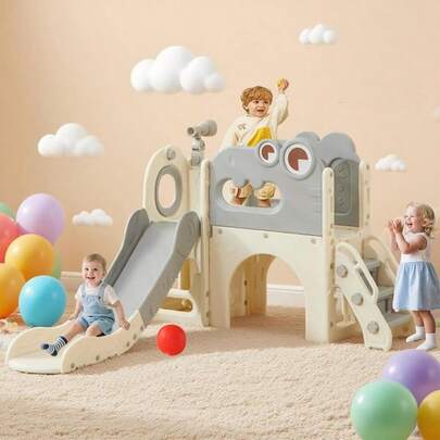 Slide Set Toddler Slide Playset Dinosaur Bus-Themed Includes Toy Telescope Tunnel Storage Basketball Hoop And Ball Extra Long Slides For Indoor Outdoor Playground Grey-8in1