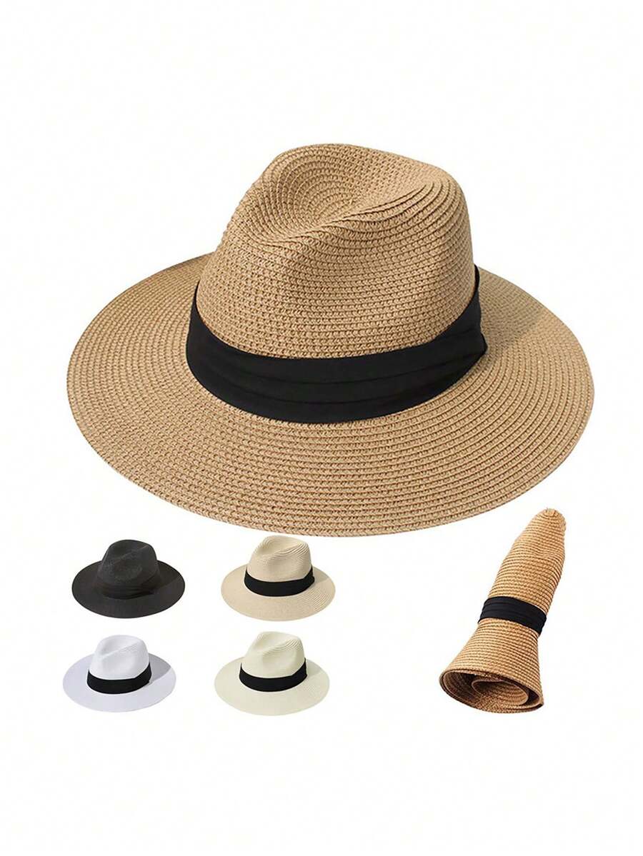 Mũ rơm Panama gấp gọn, mũ chống nắng kiểu Anh unisex, mũ đi biển thường ngày, chống tia UV, chắn gió, thích hợp cho mùa xuân và mùa hè. - mũ - Xem 1