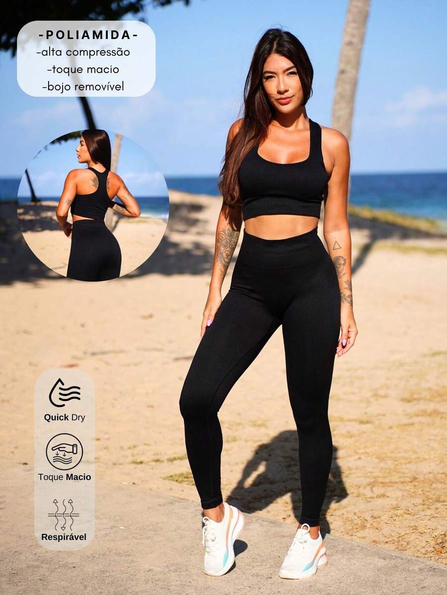 conjunto fitness em poliamida encorpada canelada- top e legging- alta compressão