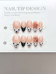 10 Pieces Of Purely Handmade Press-On Nail Tips, Featuring Short Almond-Shaped Nail Forms And A Press-On Style For Fake Nails. They Boast A Popular And Fashionable Style, With Hand-Painted Black And White Animal Print Leopard Patterns Combined With Polka Dot French Tips, As Well As Hand-Painted Three-Dimensional Flowers. These Are High-End, Skin-Whitening Finished Nail Tips Suitable For Daily Wear By Women And Girls, And Come With A Nail Kit. - Multicolor - View 2