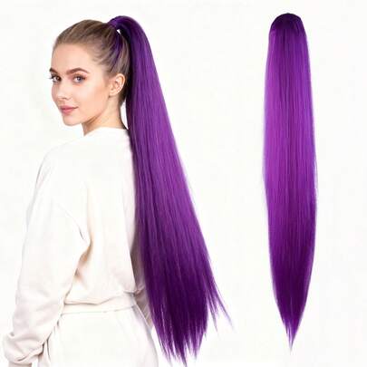 Long Synthetic Fluffy Purple Straight Ponytail - Heat-Resistant, Non-Slip Drawstring Closure, Look For Women, Perfect For Cosplay, Halloween