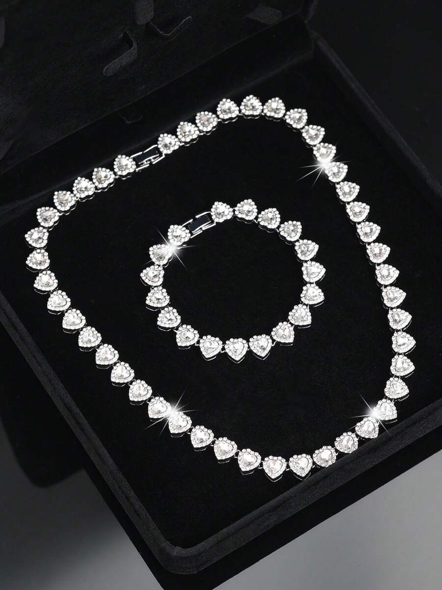 CVNANA Set de collar y pulsera de eslabones cubanos con forma de corazón, unisex, estilo hip hop, conjunto de joyas de lujo, gran regalo para el Día de San Valentín, cumpleaños, Navidad