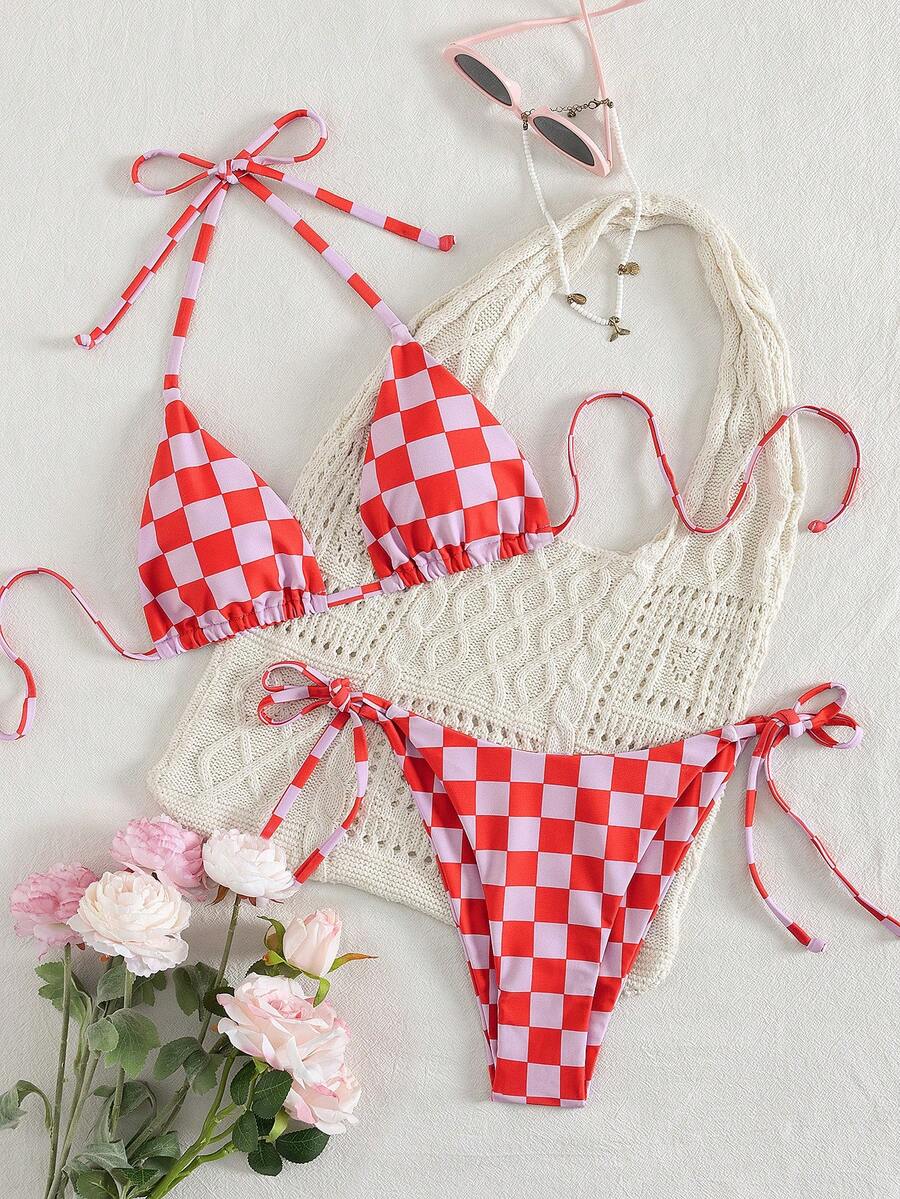 Bộ bikini thắt dây lưng họa tiết kẻ sọc hồng mới thời trang gợi cảm cho kỳ nghỉ bãi biển dành cho nữ - Hồng - Xem 1