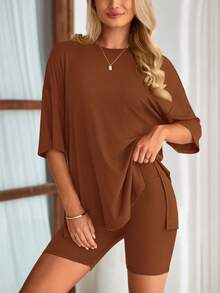 PRETTYGARDEN Women's Summer Clothes 2 Piece Sets Lounge Set Casual Oversized Shirts Biker Shorts Matching Airport Travel Sweatsuit Set Women Vacation Outfit Brown Summer Brunch Outfits For Women - 棕色 - 查看 4