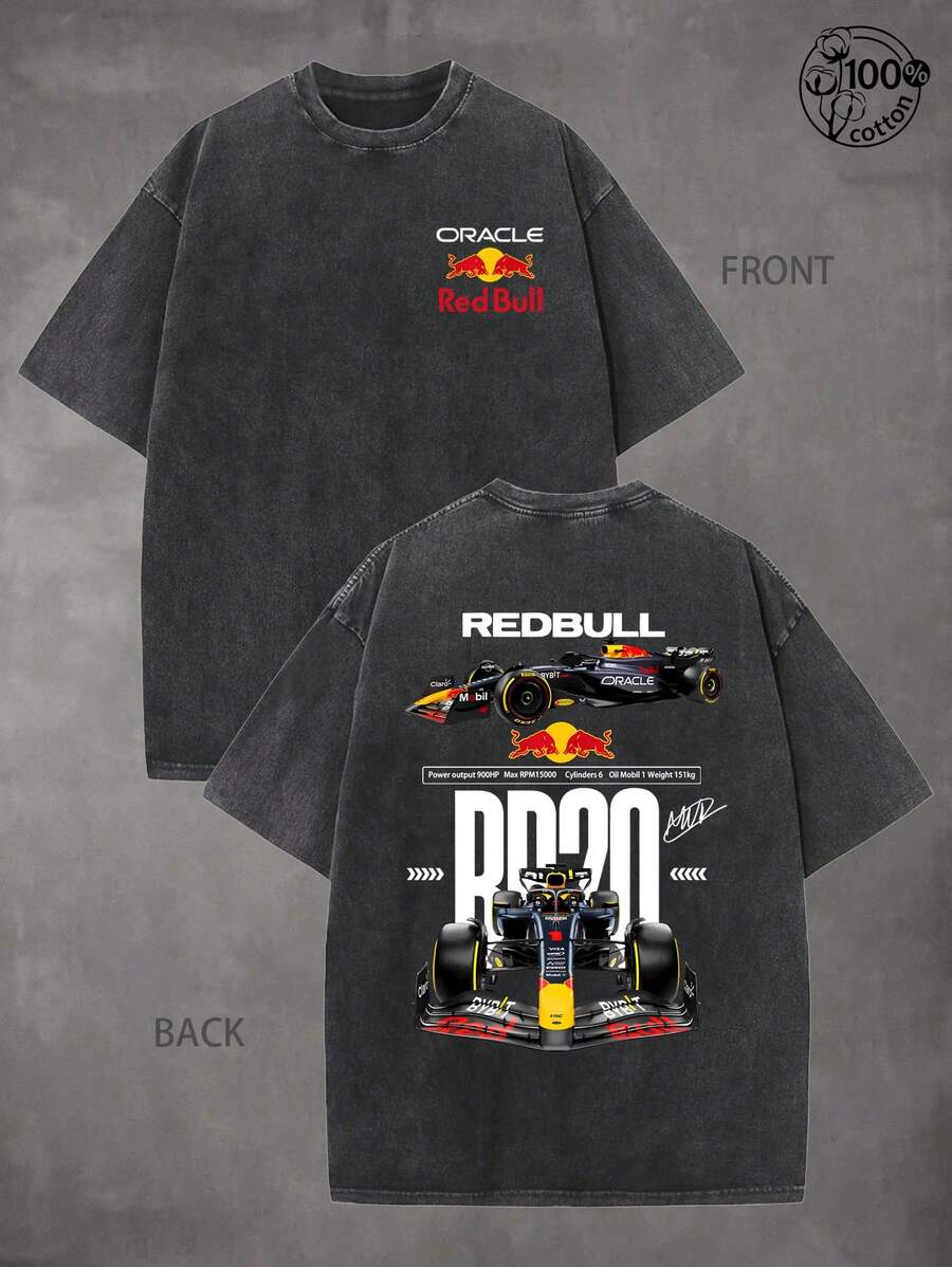 RED BULL RB20 Unisex Racing-Themed Heavyweight Cotton Tee - Car T-Shirt, Printed With Oracle Red Bull Racing RB20 F1 Racing Pattern - Red Bull Racing F1 Tee, Streetwear, 230G Washed Cotton Double-Sided Printed T-Shirt, Ideal Choice For Racing Enthusiasts, Oracle Red Bull Racing T-Shirt, Suitable For Outdoor Sports And Daily Wear, Men Gifts,Y2k Clothes - màu đen - Xem 1
