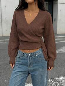 2025 Autumn/Winter Wrap Tie Knit Sweater, White, Women's Essential For Home, Commute, Date, Travel, Suitable For Various Occasions, Light Gray