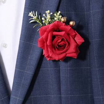1pc Nature-Inspired Artificial Rose Flower, Leaf & Fruit Decor Boutonniere, Suitable For Wedding, Party, Banquet