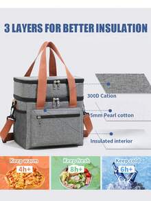 Cooler Bag, Picnic Bag, Insulated Bag, Lunch Bag For On The Go, Double-Decker Thermal Bag For Men And Women, Foldable Insulated Lunch Bag, Portable Lunch Box, Reusable Lunch Box For Men And Women With Shoulder Strap, Lunch Bag With Powerful Cooling Performance. Waterproof, Foldable Cooler Bag For School/Work/Outdoors - 灰色 - 查看 7