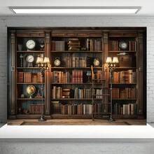 1pc Vintage Bookshelf Backdrop Banner, Made Of Polyester Fiber Material, No Electricity Required, Versatile Use For Birthday, Halloween, Home & Office Wall Decor, General Holiday Party Supplies, Photography & Art Photo Background - Multicolor - View 4