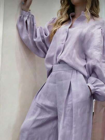 2pcs/Set Women Solid Color Long Sleeve Top And Loose Pants Suit