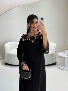 Women's Robe, Luxury Embroidered Trim Ramadan Robe, Elegant Party Dress - Black - View 3