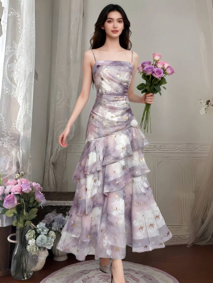 Elegant Sequin Print Chiffon Party Dress, Women's New Backtoschool Prom Spaghetti Strap Ruffle Hem Fairy Dress, Fitted Birthday Outfit, Tea Party Robe, Spring/Summer