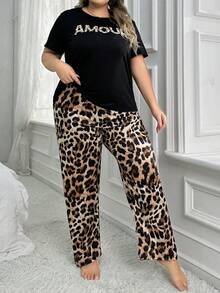 Plus Size Women Leopard Print Casual Pajama Set - Multicolor - View 3